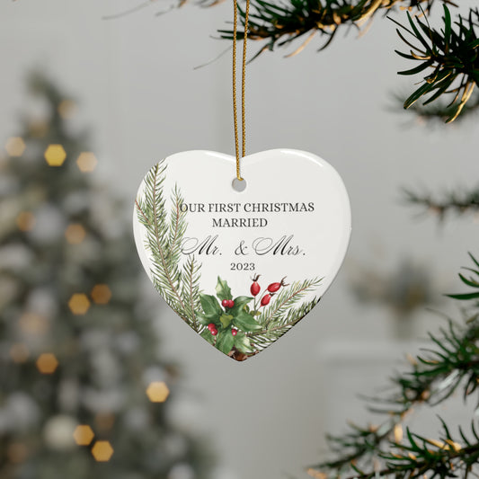 Our First Christmas Married | Heart Shaped Ceramic Ornaments